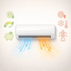 Split klíma működése fűtési üzemmódban - hatékonyság és energiafogyasztás vizuális összehasonlítása.