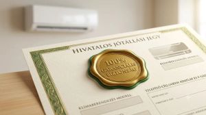 Hivatalos jótállási jegy 100% garanciális biztonság pecséttel, háttérben egy klímaberendezéssel.