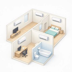 Felülnézeti, letisztult ábra egy lakás alaprajzáról, amely szemlélteti a különböző méretű helyiségekhez igazított split klímák kiválasztását.