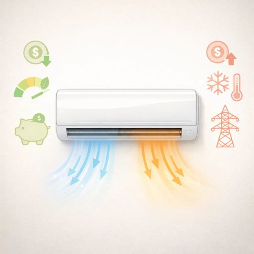 Split klíma működése fűtési üzemmódban - hatékonyság és energiafogyasztás vizuális összehasonlítása.