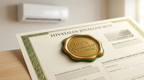 Hivatalos jótállási jegy 100% garanciális biztonság pecséttel, háttérben egy klímaberendezéssel.