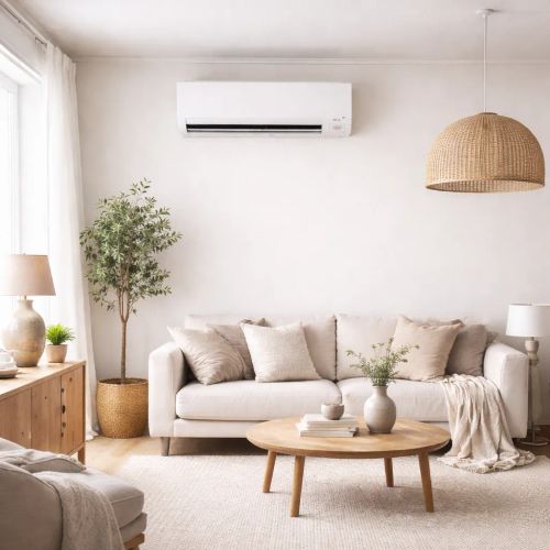 Lakásba telepített falra szerelt split klímaberendezés modern környezetben
